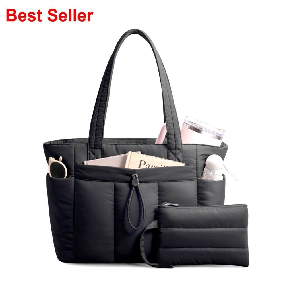 Puffy Tote Bag with Laptop Compartment, Cup Holder & Trolley Sleeve